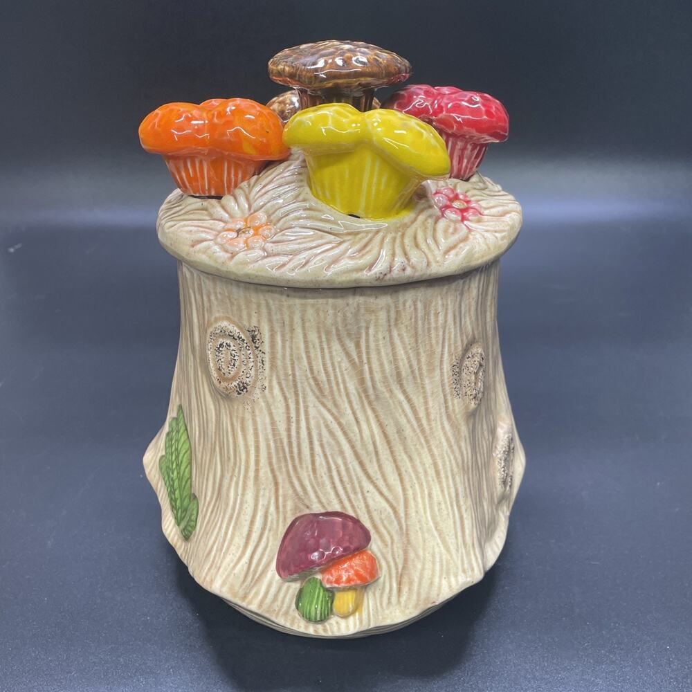 Vtg Large 10" California Pottery Mushroom Tree Stump Cookie Jar Cottagecore Retr